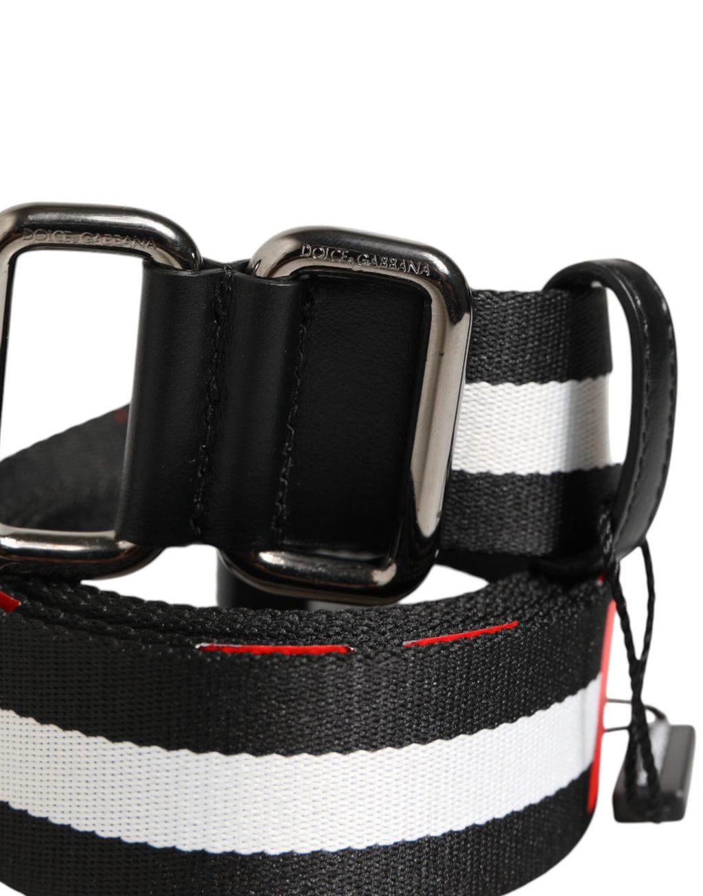 Dolce & Gabbana Black White Striped Logo Metal Buckle Belt