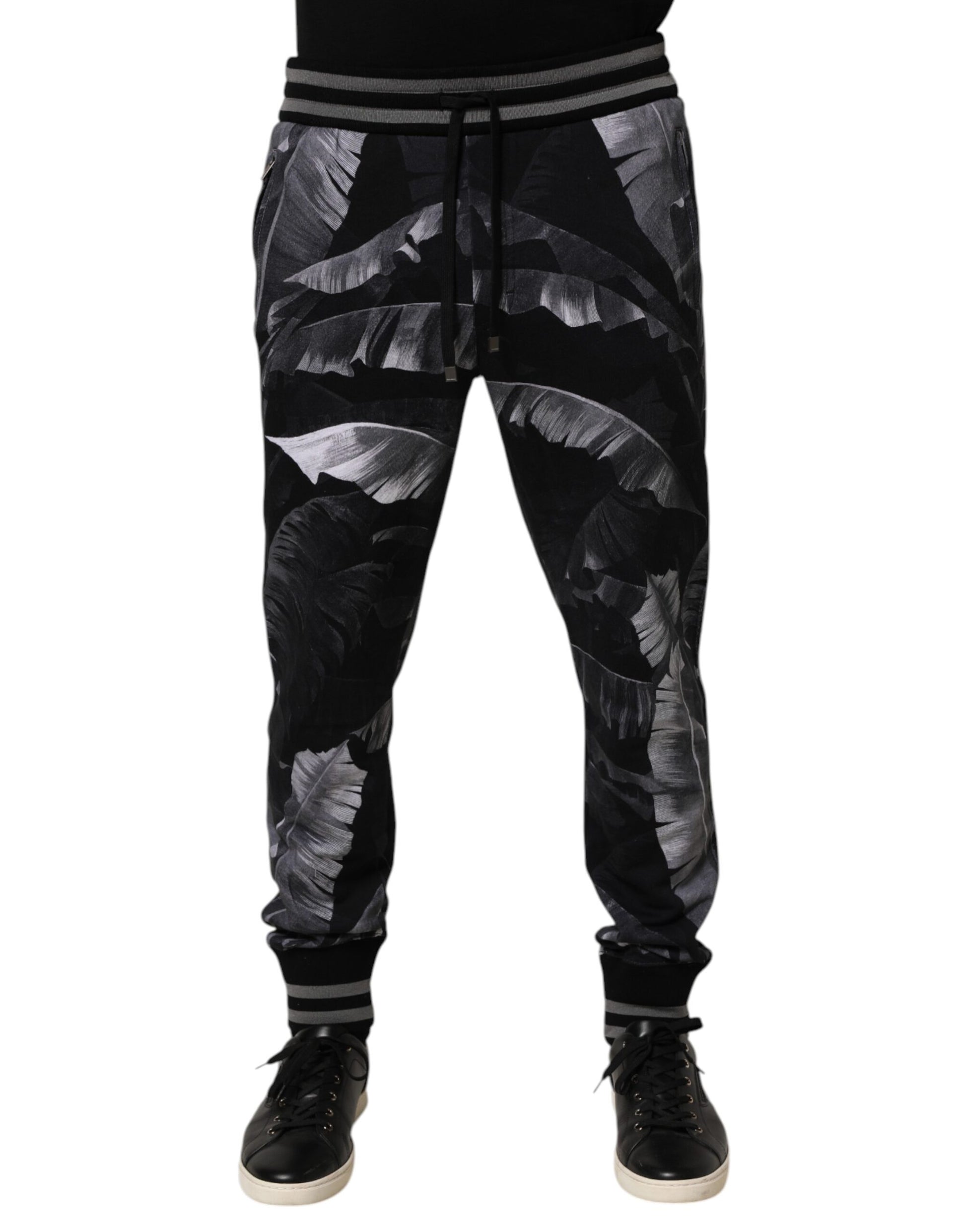Dolce & Gabbana Black Banana Leaf Cotton Jogger Trouser Pants