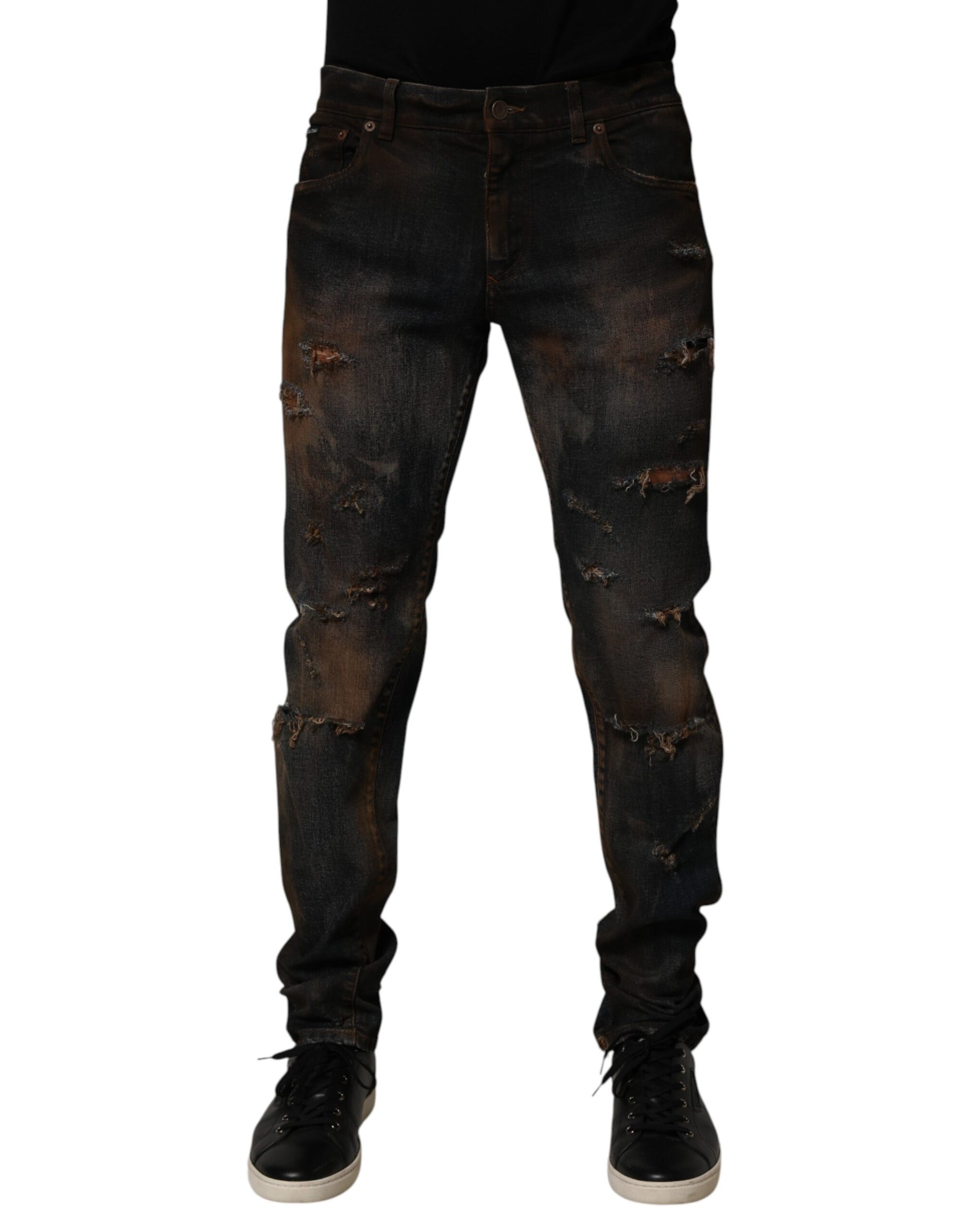 Dolce & Gabbana Black Cotton Skinny Tattered Men Denim Jeans