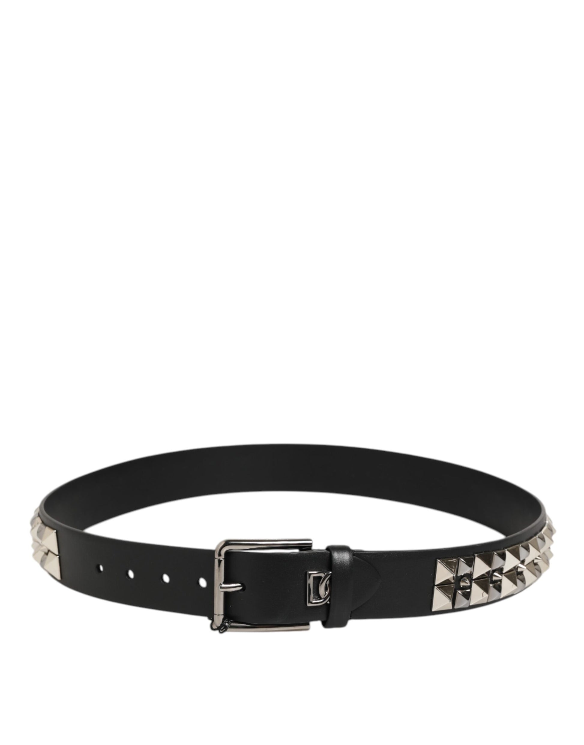 Dolce & Gabbana Black Calf Leather Studded Silver Buckle Belt