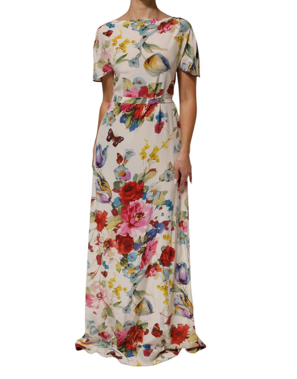 Dolce & Gabbana White Floral Print Silk Sheath LongGown Dress