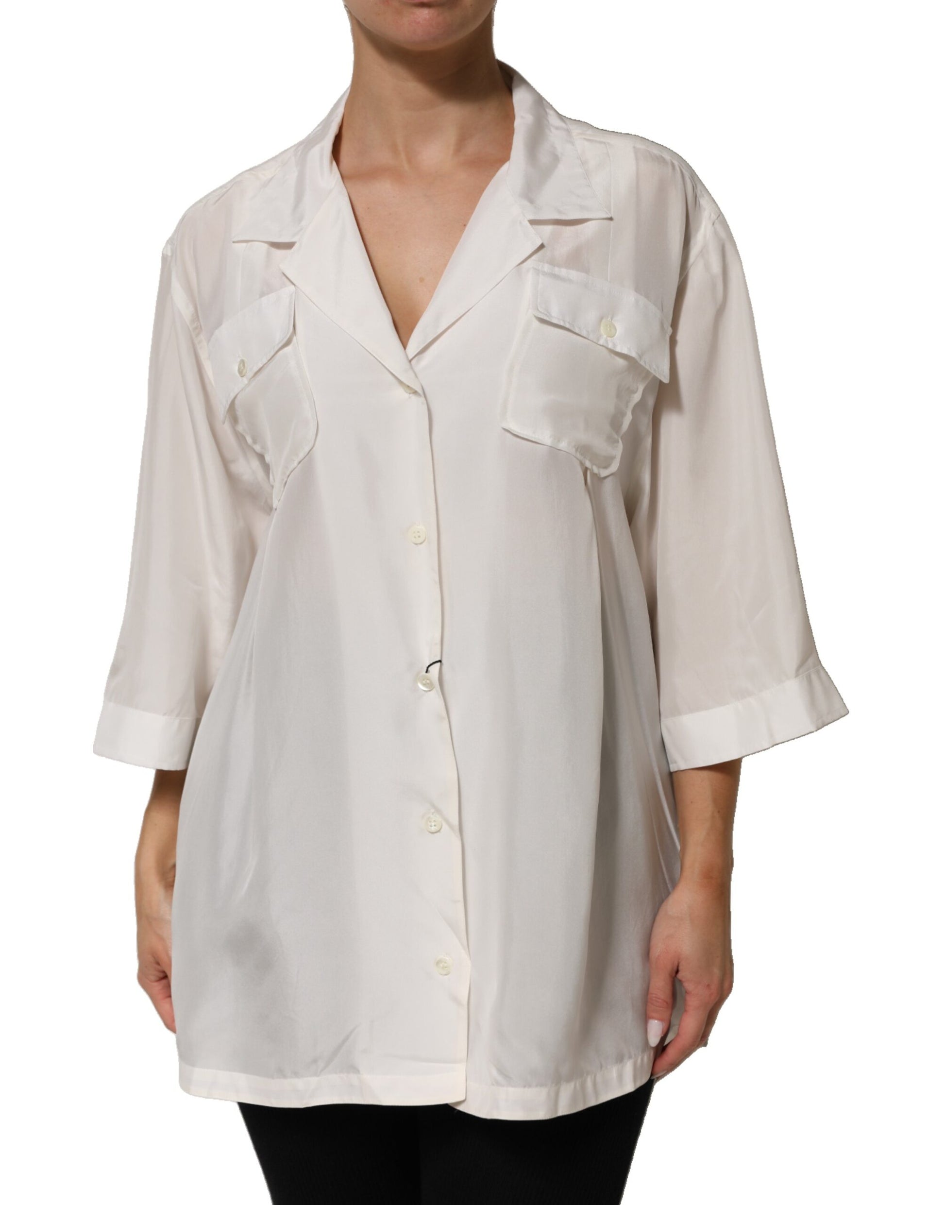 Dolce & Gabbana Off White Silk Button Down Polo Shirt Top