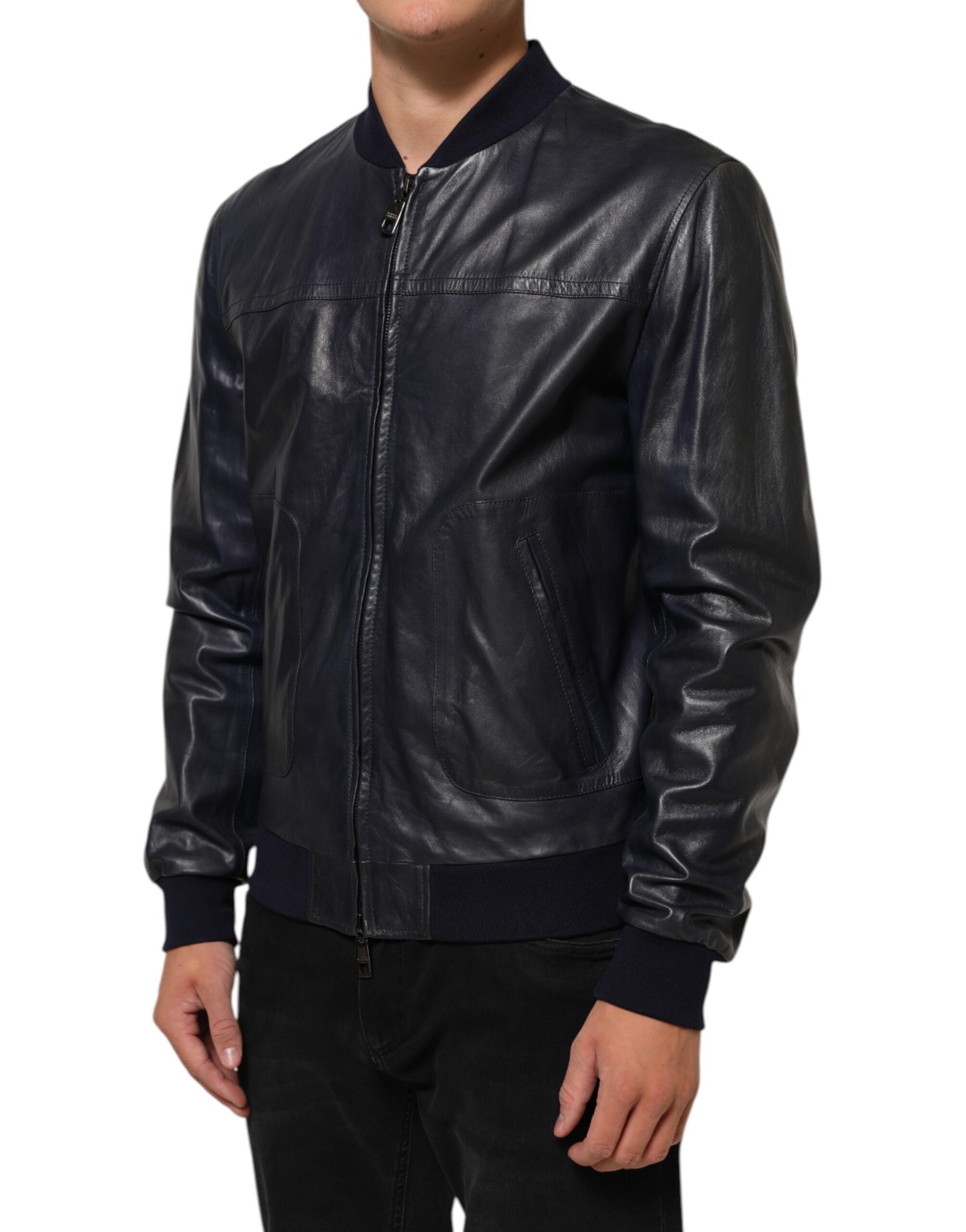 Dolce & Gabbana Blue Leather Full Zip Biker Blouson Jacket