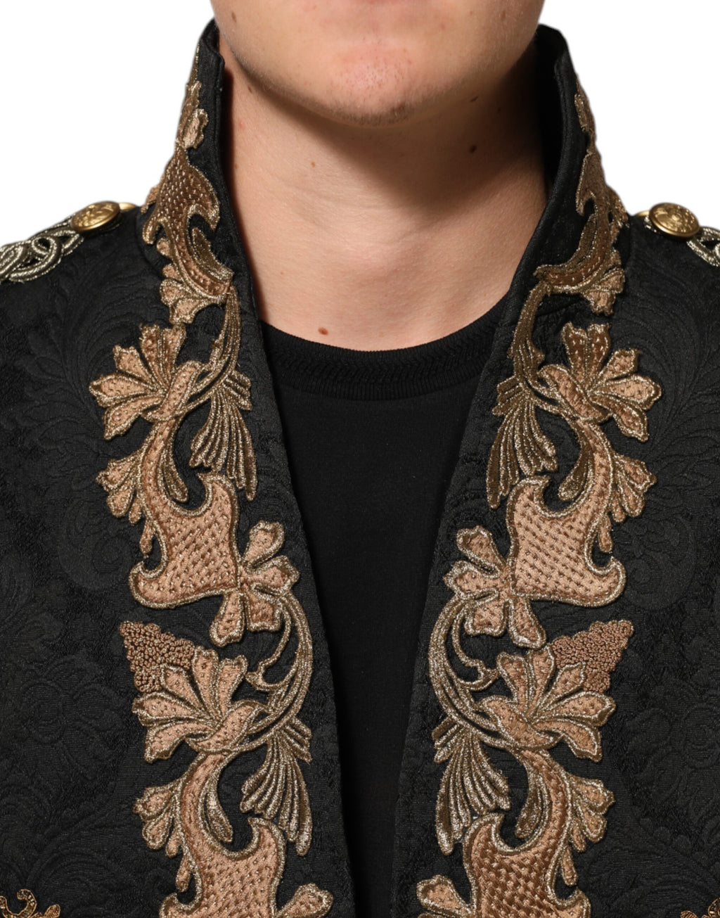 Dolce & Gabbana Black Brocade Embroidery Men Coat Jacket