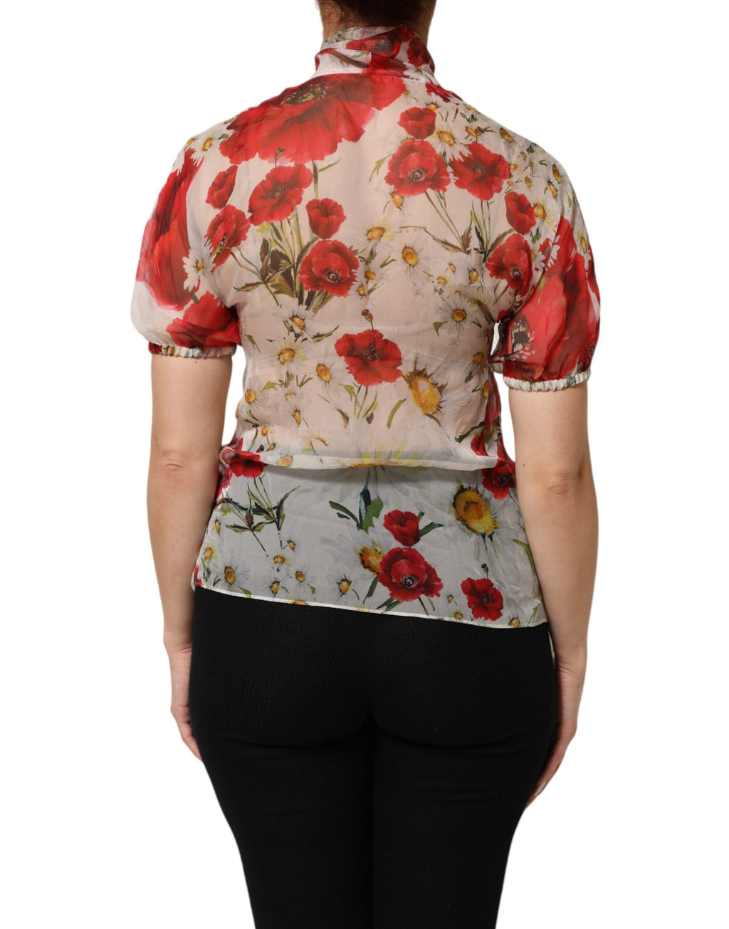 Dolce & Gabbana White Floral Tie-Neck Poppy Print Blouse Top
