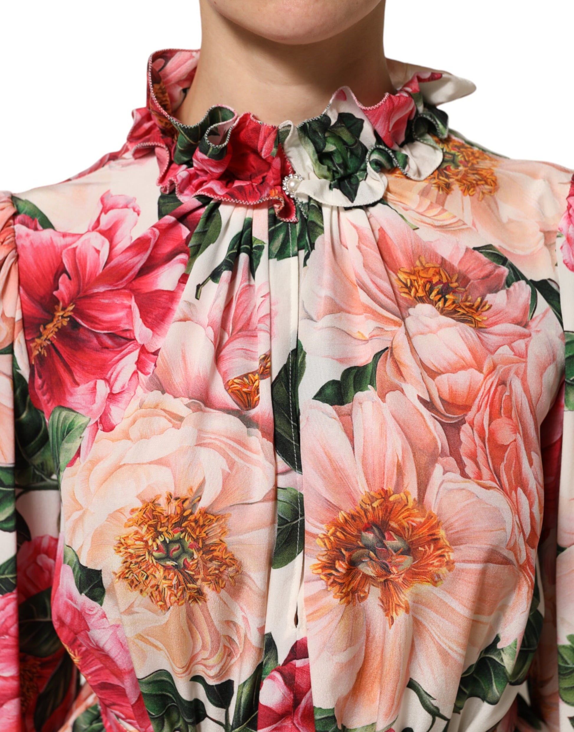 Dolce & Gabbana Pink Floral Printed Silk Ruffled Blouse Top