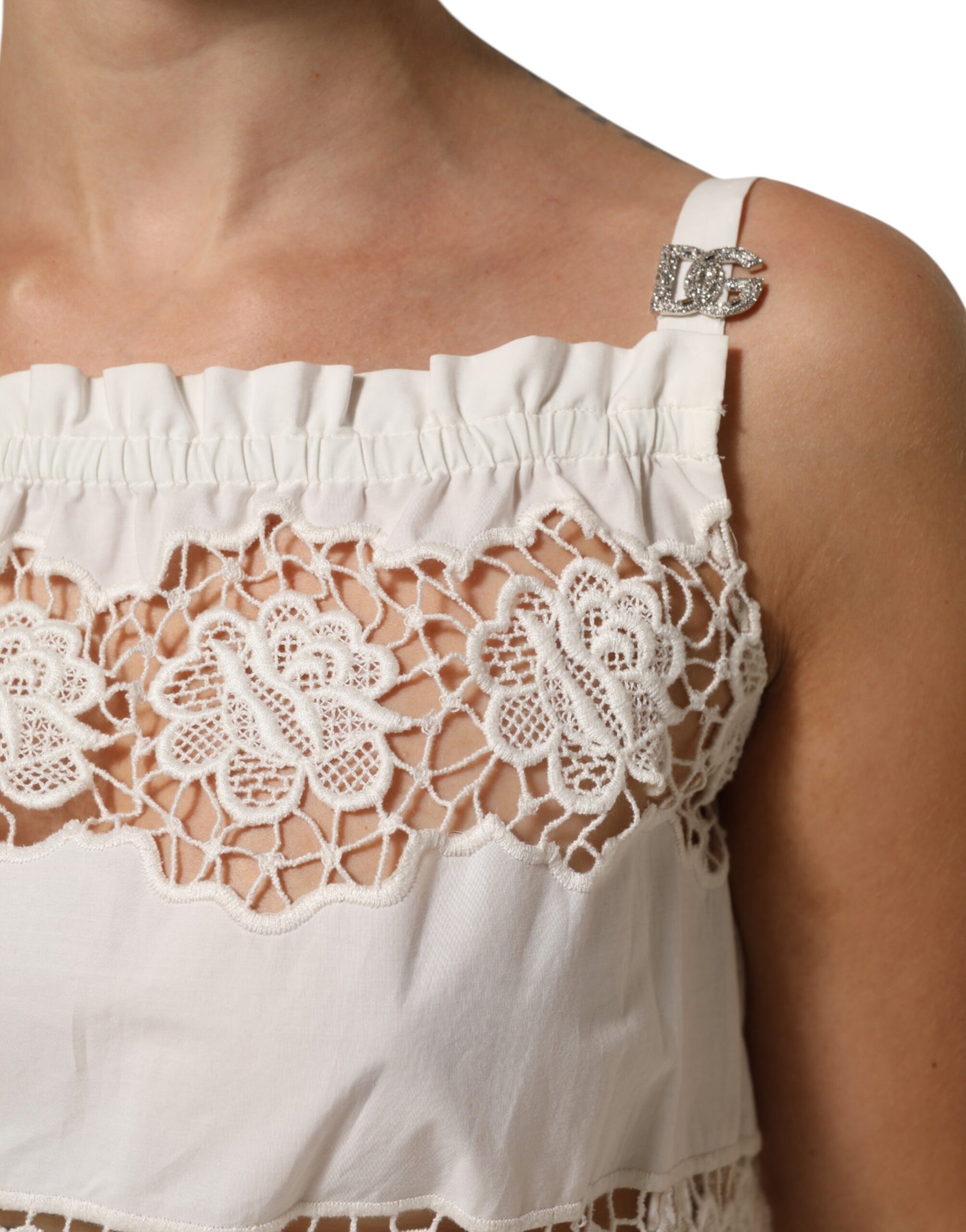 Dolce & Gabbana White Poplin Openwork Embroidery Tank Top