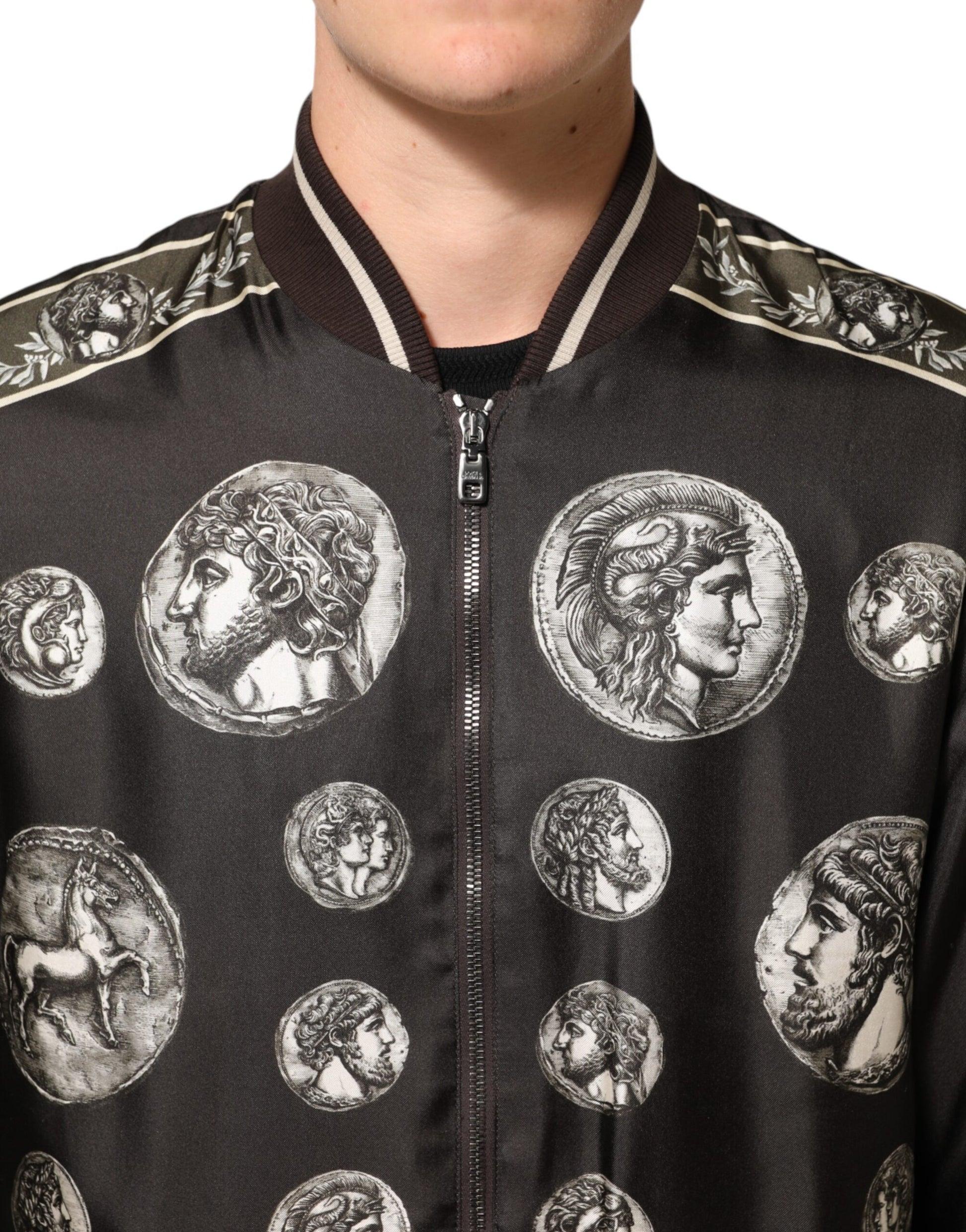 Dolce & Gabbana Black "Monete" Coin Print Silk Bomber Jacket