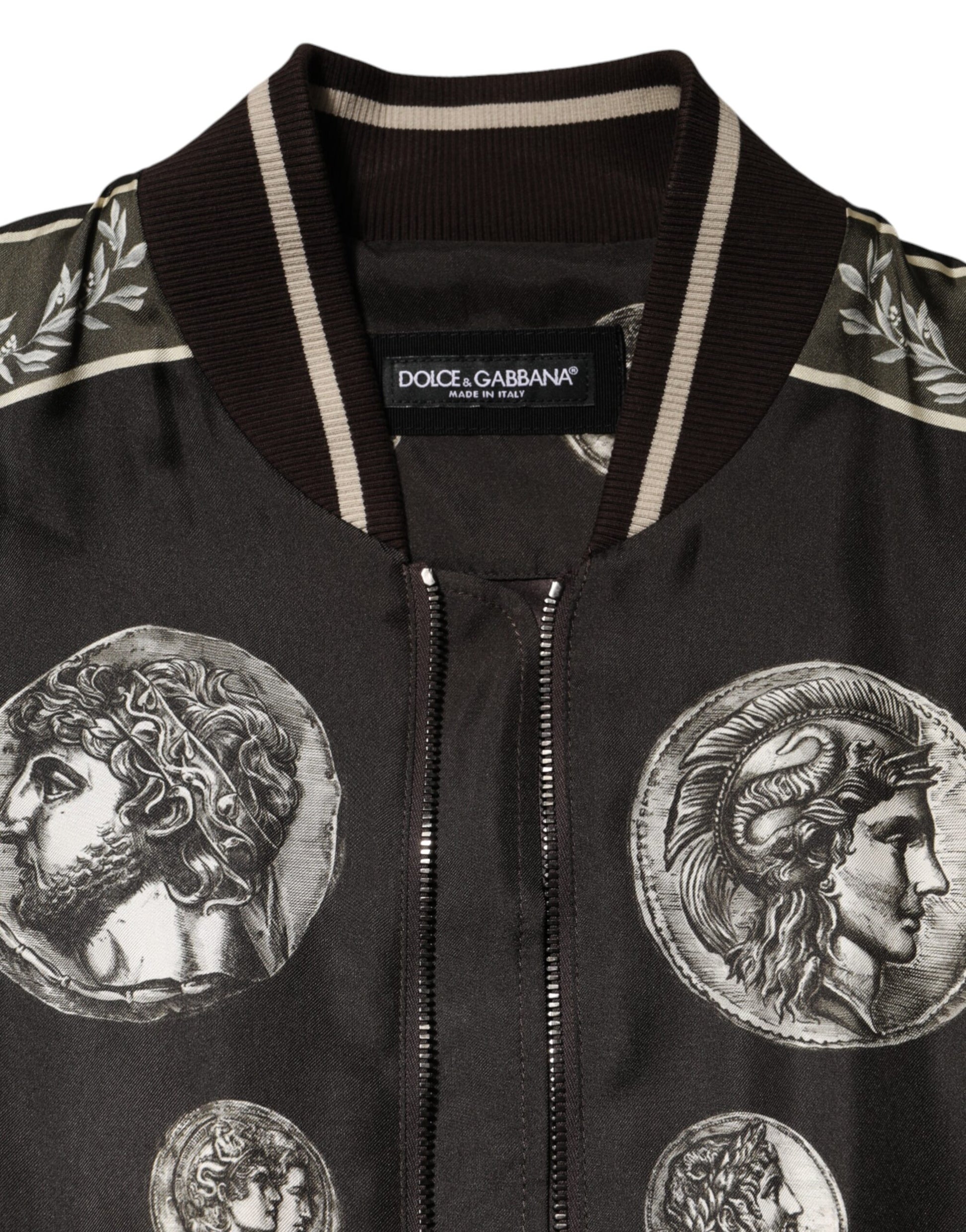 Dolce & Gabbana Black "Monete" Coin Print Silk Bomber Jacket