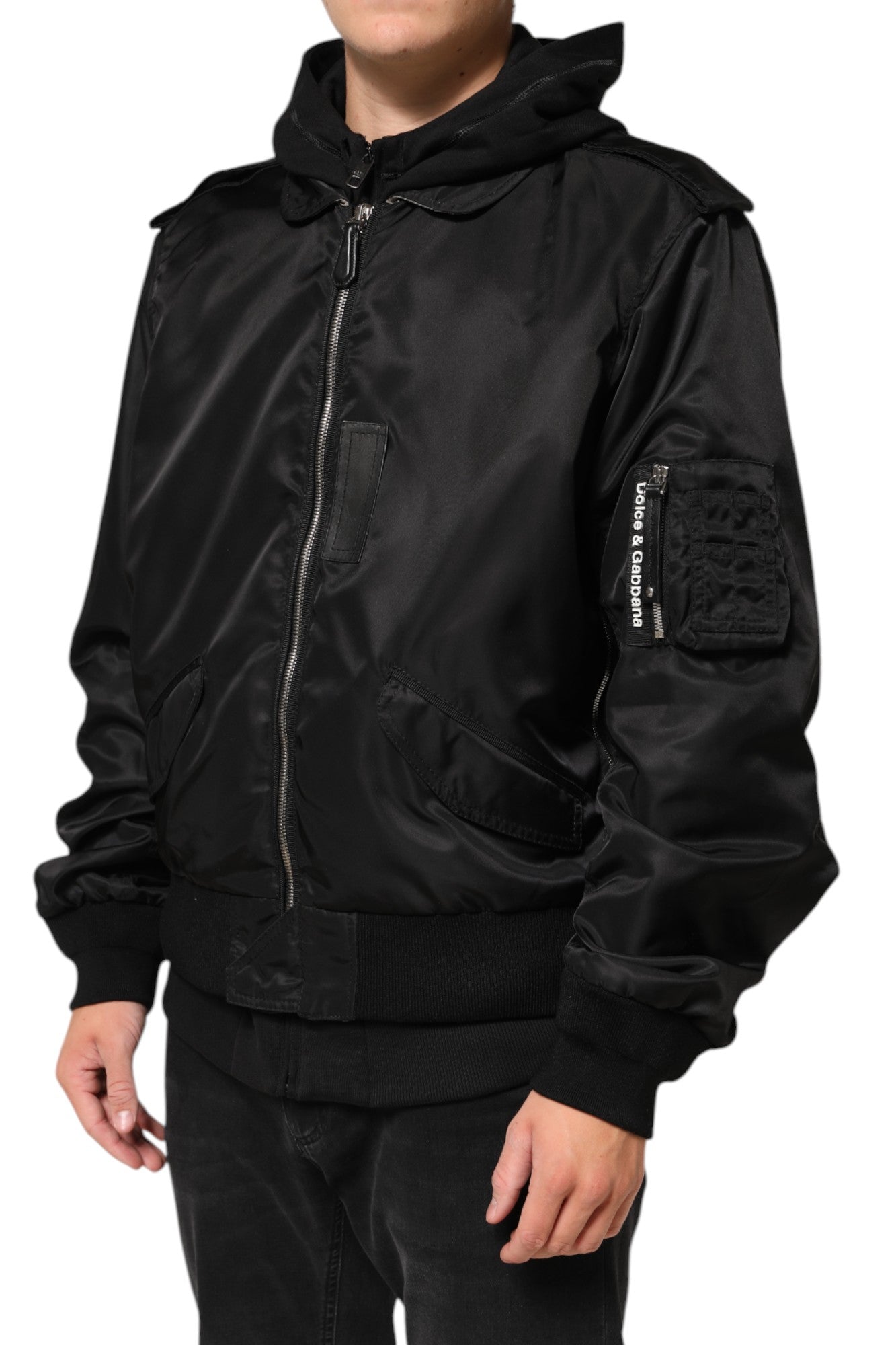 Dolce & Gabbana Black Cotton Hooded Full Zip Bomber Jacket