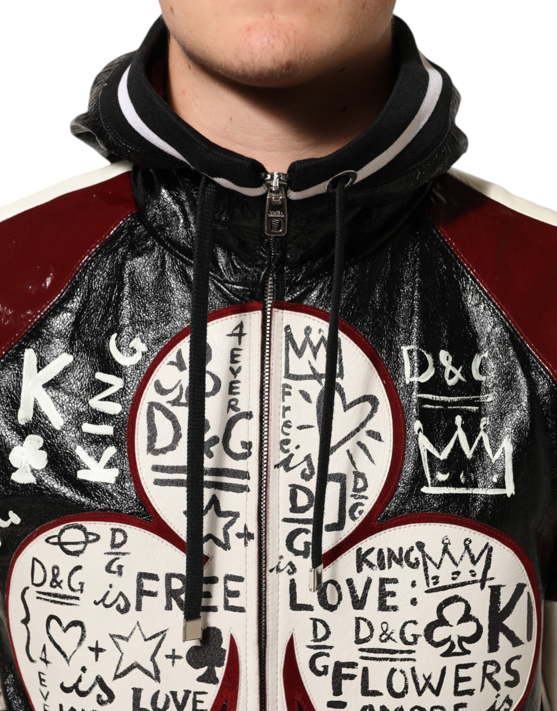 Dolce & Gabbana Multicolor Hooded Leather DG King Men Biker Jacket