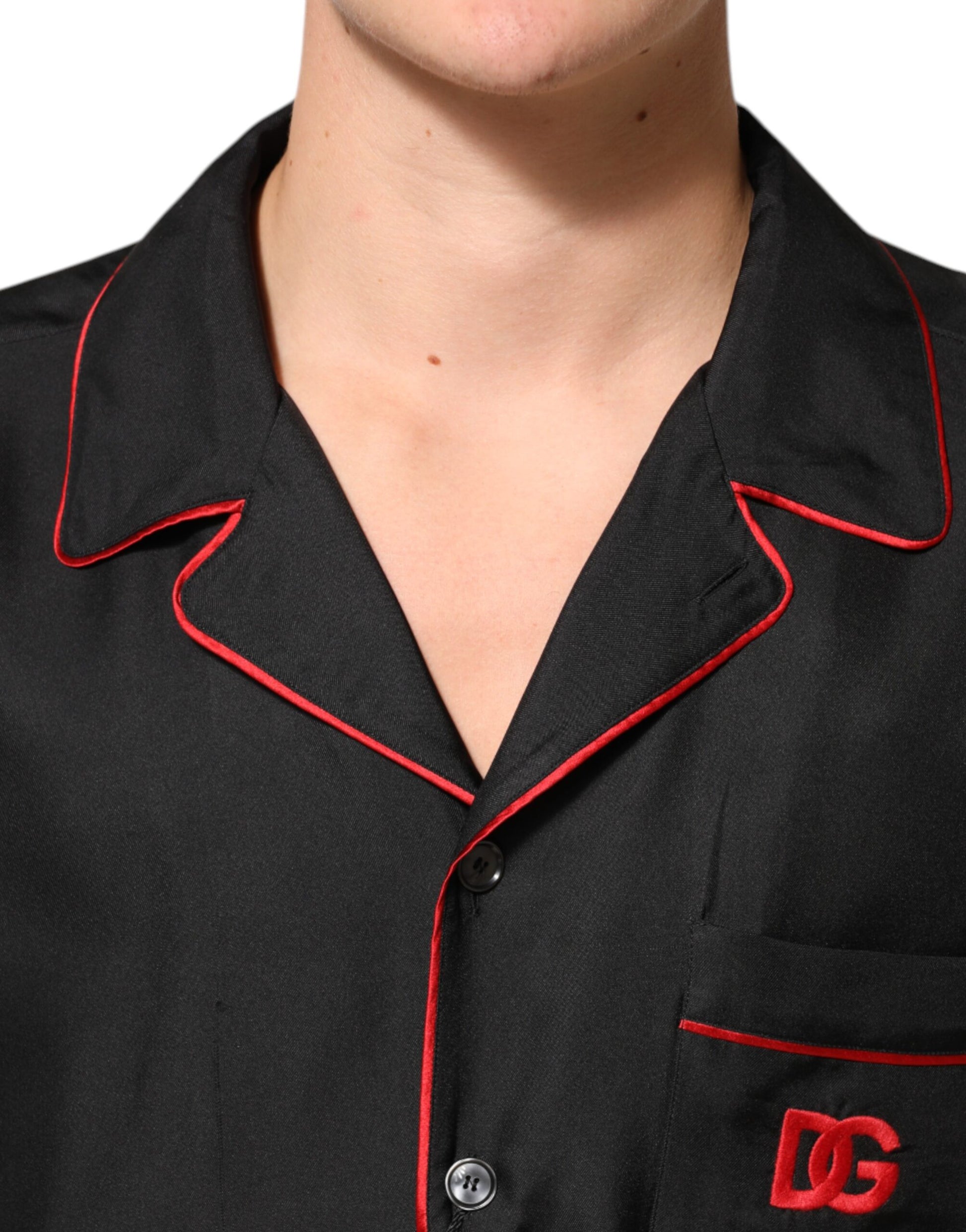 Dolce & Gabbana Black Red Contrast Trim Silk Casual Shirt
