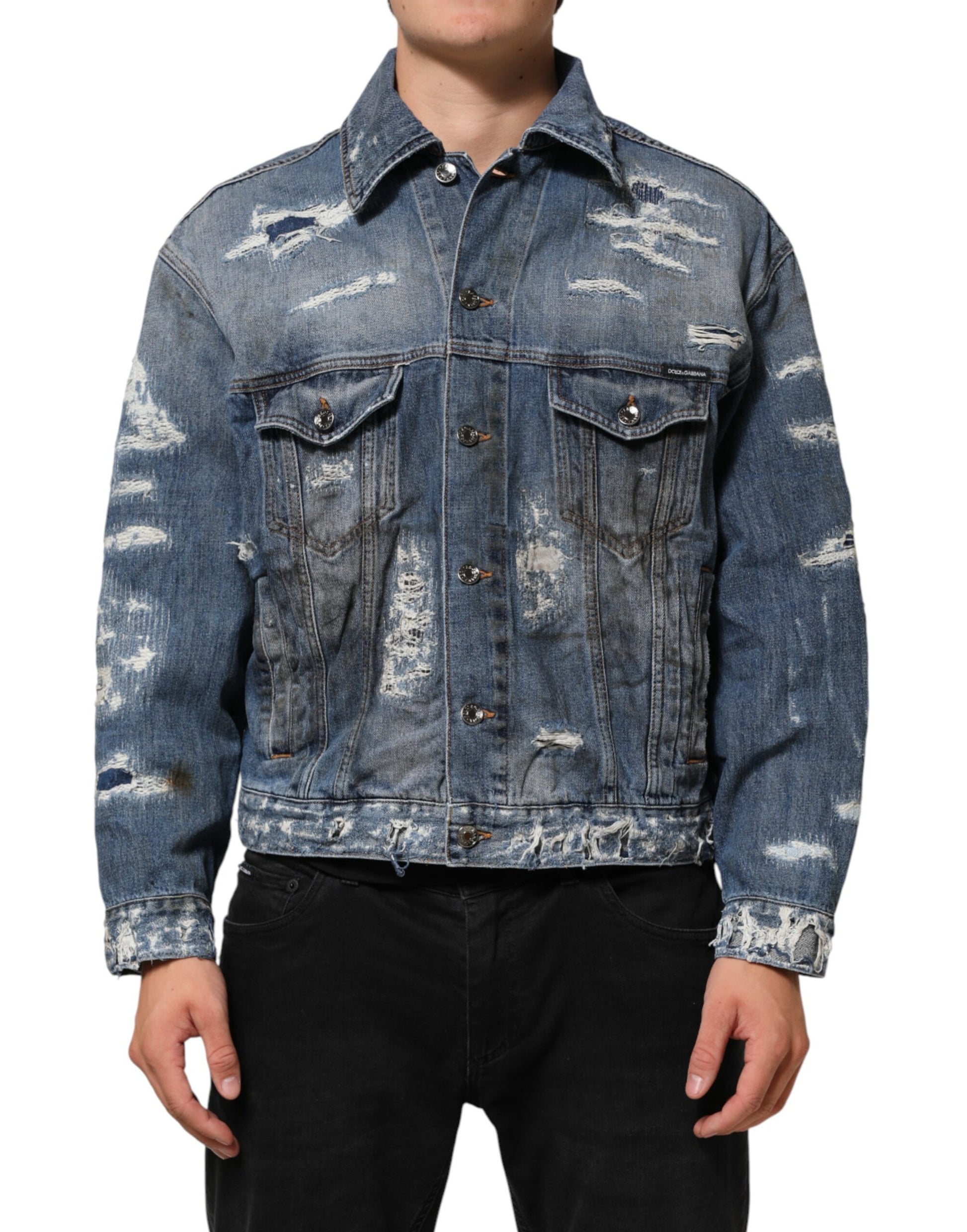 Dolce & Gabbana Blue Cotton Tattered Denim Blouson Jacket