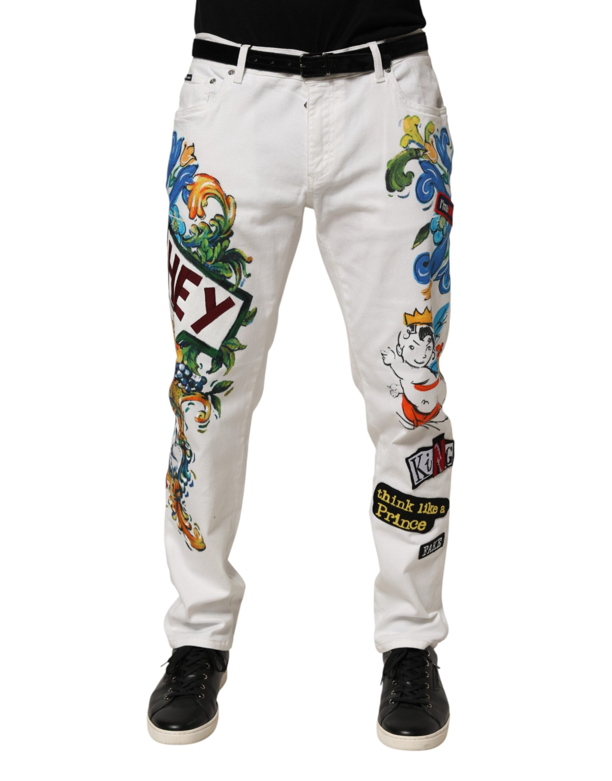 Dolce & Gabbana White Graffiti Print Skinny GOLD Denim Jeans