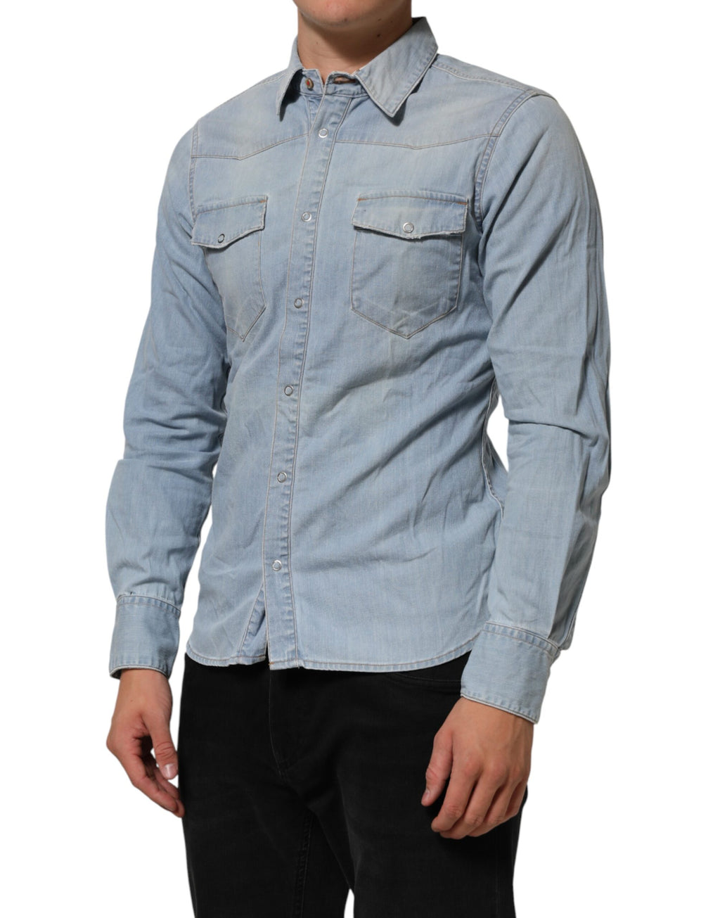 Maison Clochard Blue Denim Collared Long Sleeve Men Shirt