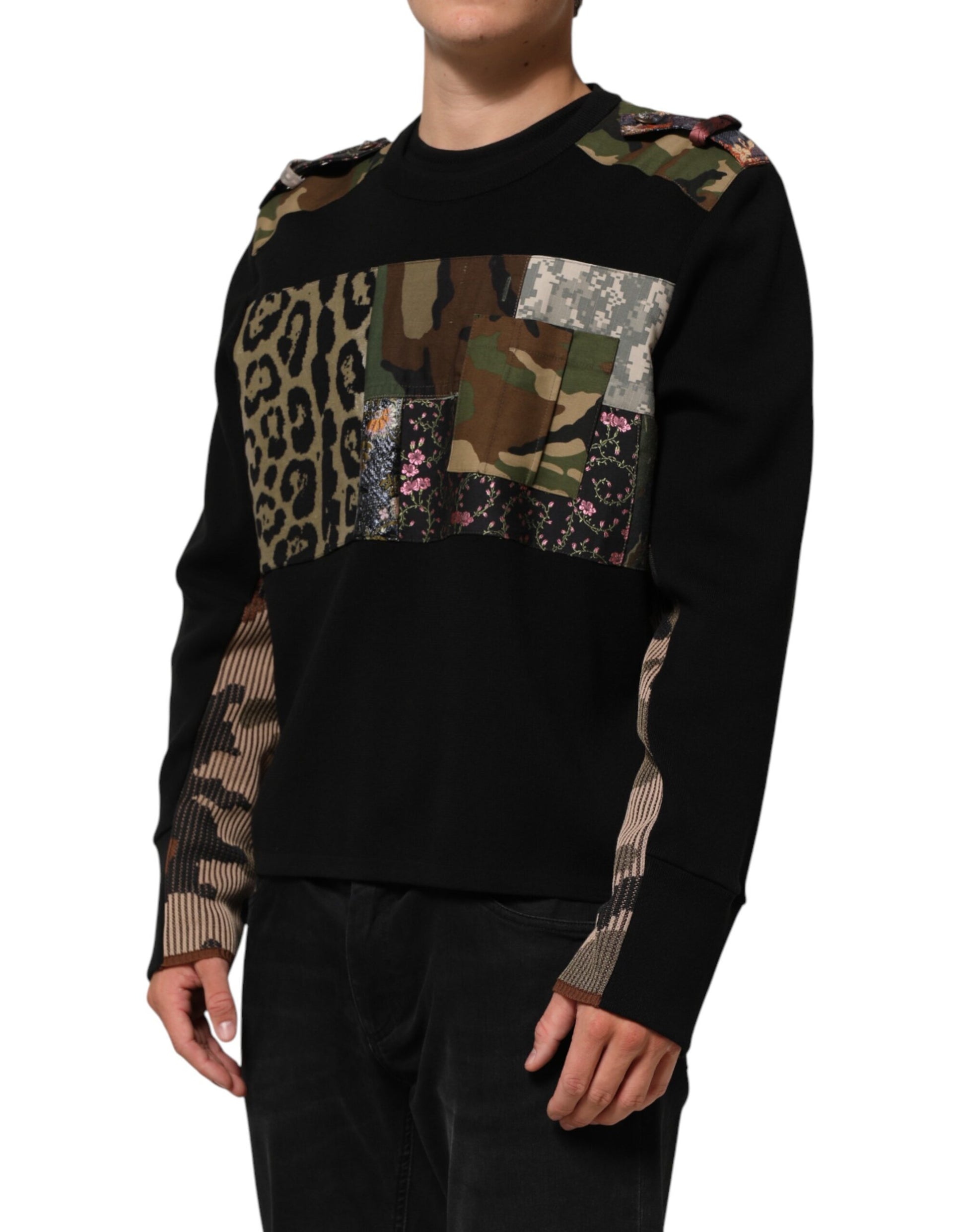 Dolce & Gabbana Black Patchwork Crew Neck Pullover Sweater