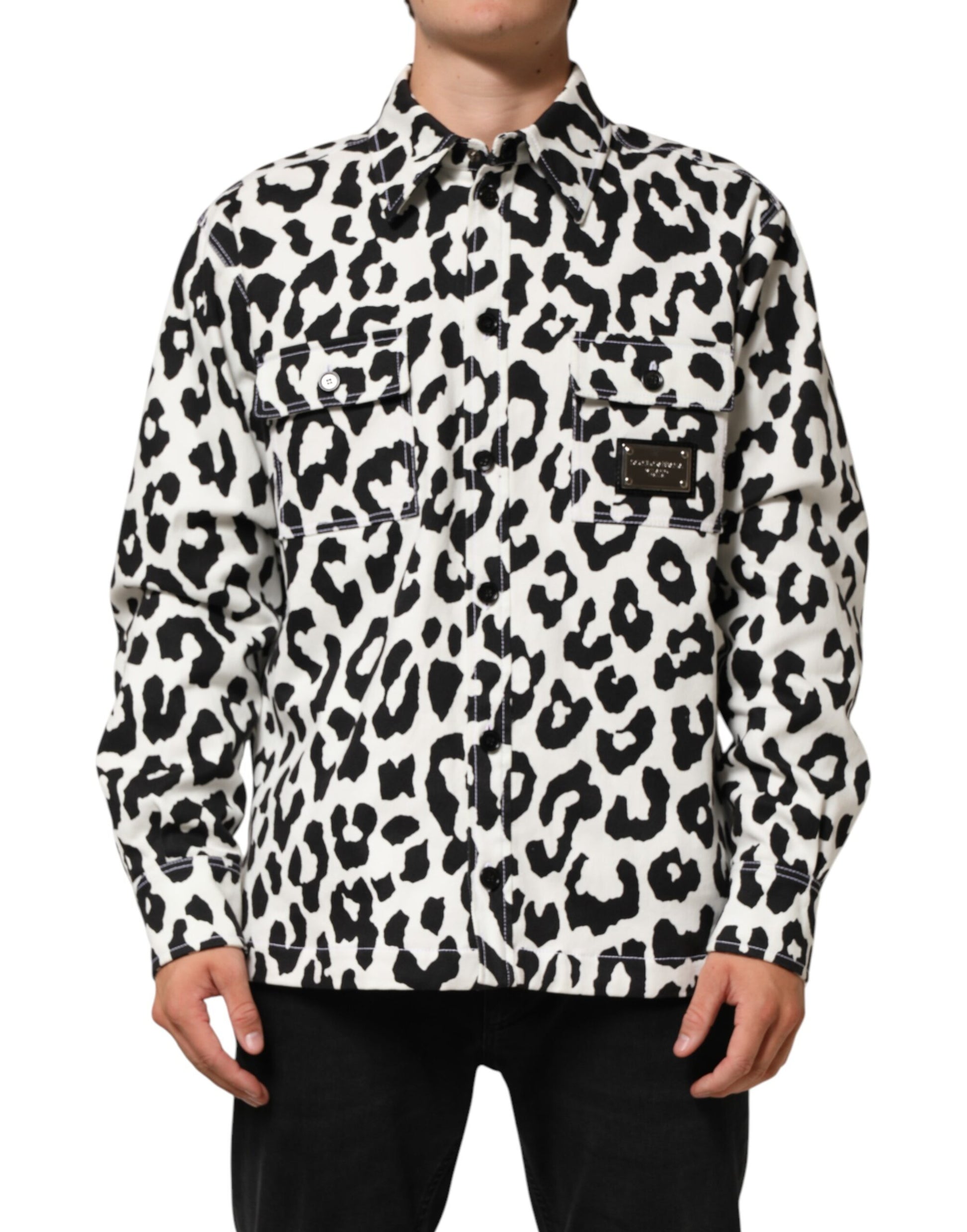 Dolce & Gabbana Black White Leopard Denim Blouson Sweater