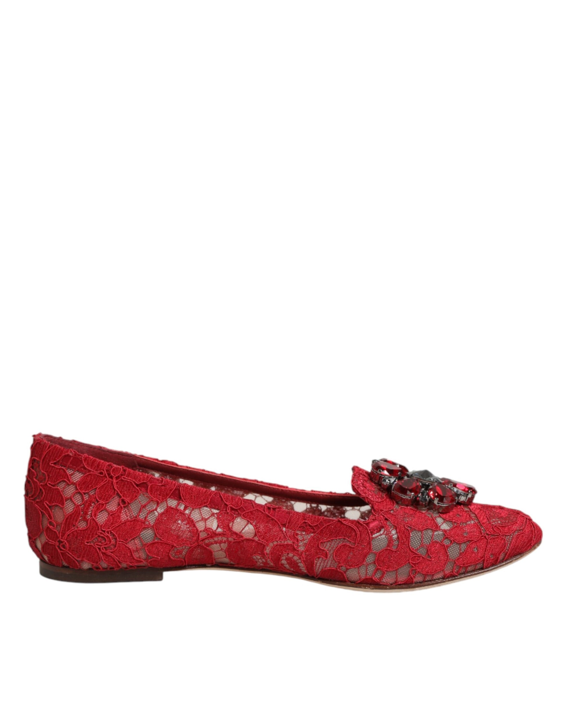 Dolce & Gabbana Red Lace Crystal Ballet Flats Loafers Shoes