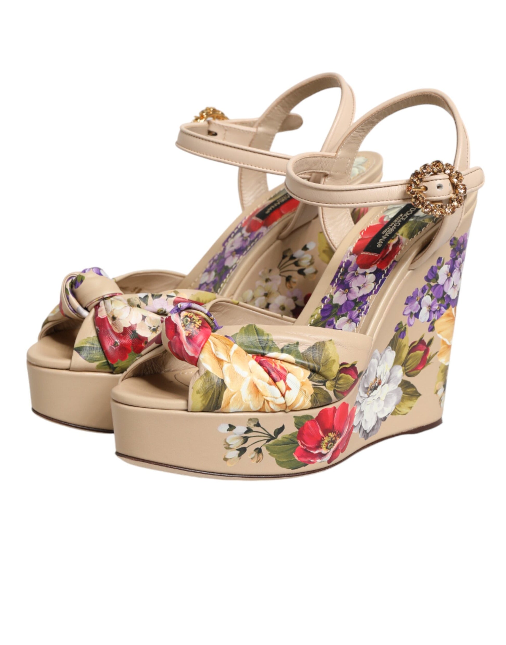 Dolce & Gabbana Beige Floral Ankle Strap Wedge Sandals Shoes