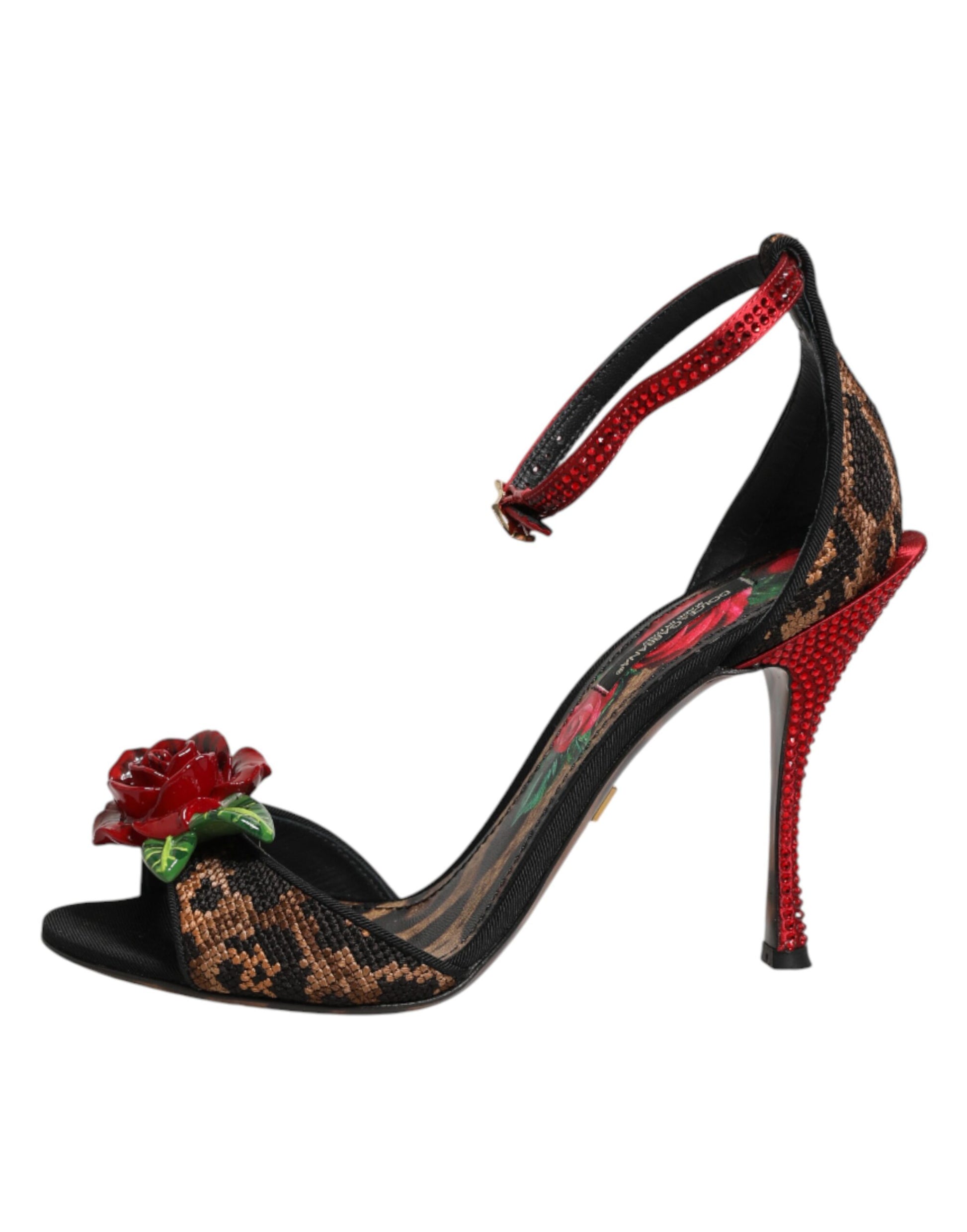Dolce & Gabbana Brown Leopard Crystal Roses Sandals Shoes