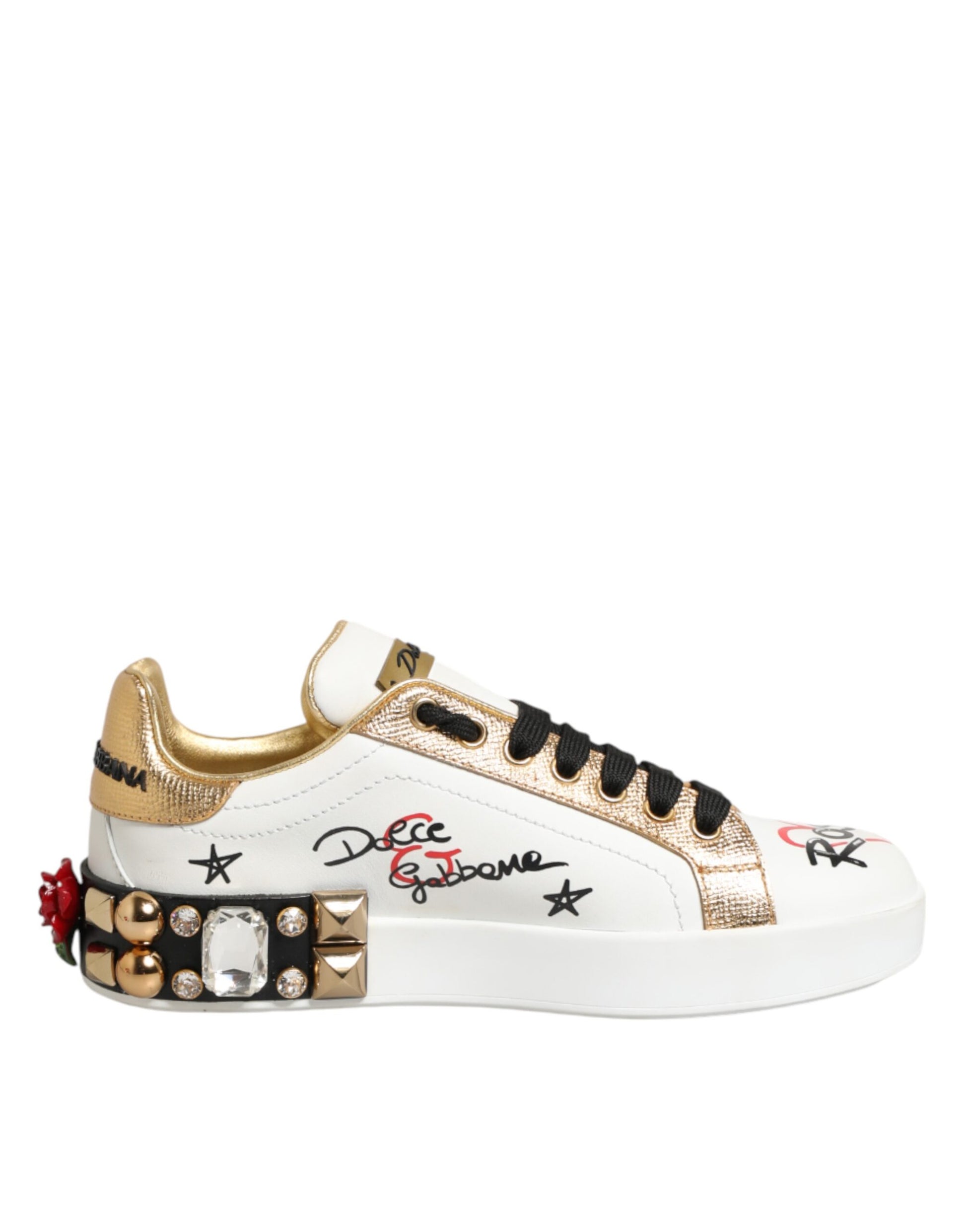 Dolce & Gabbana White Leather Floral Studded Sneakers Shoes