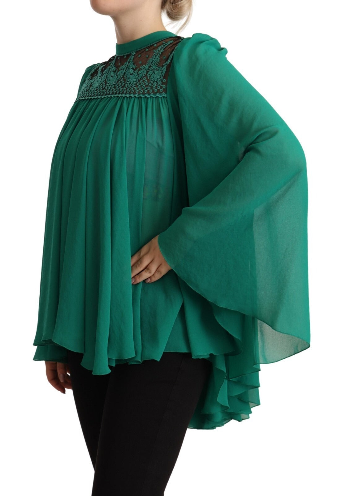 Philosophy Green Lace Polyester Long Sleeves Pleated Top Blouse