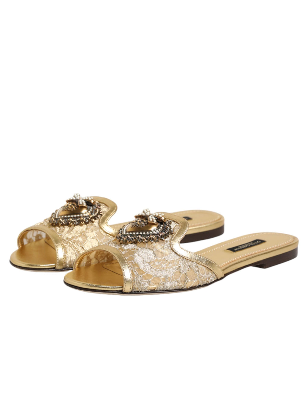 Dolce & Gabbana Gold Devotion Lace Flats Slip On Sandals Shoes