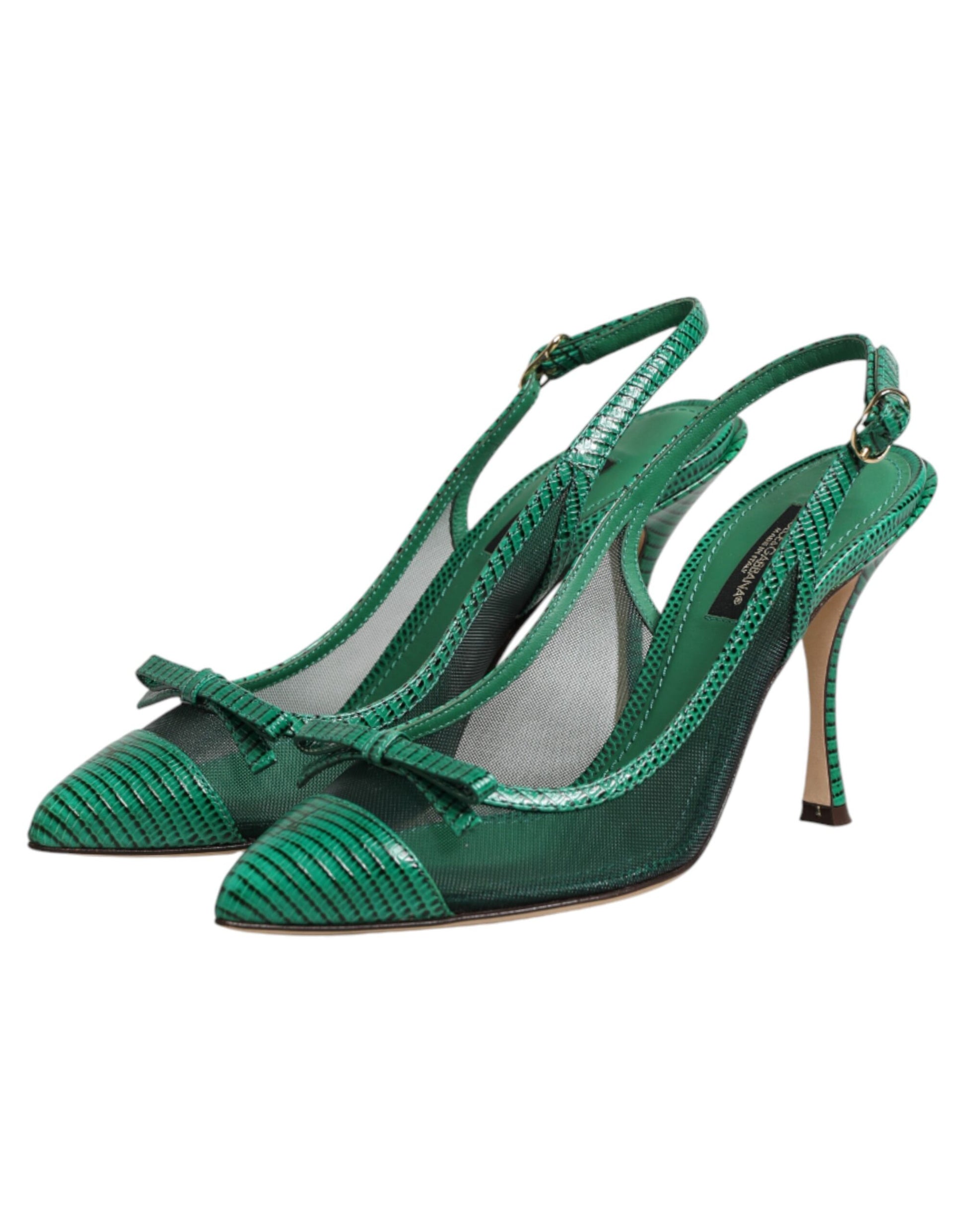 Dolce & Gabbana Green Leather Mesh Heels Slingback  Shoes