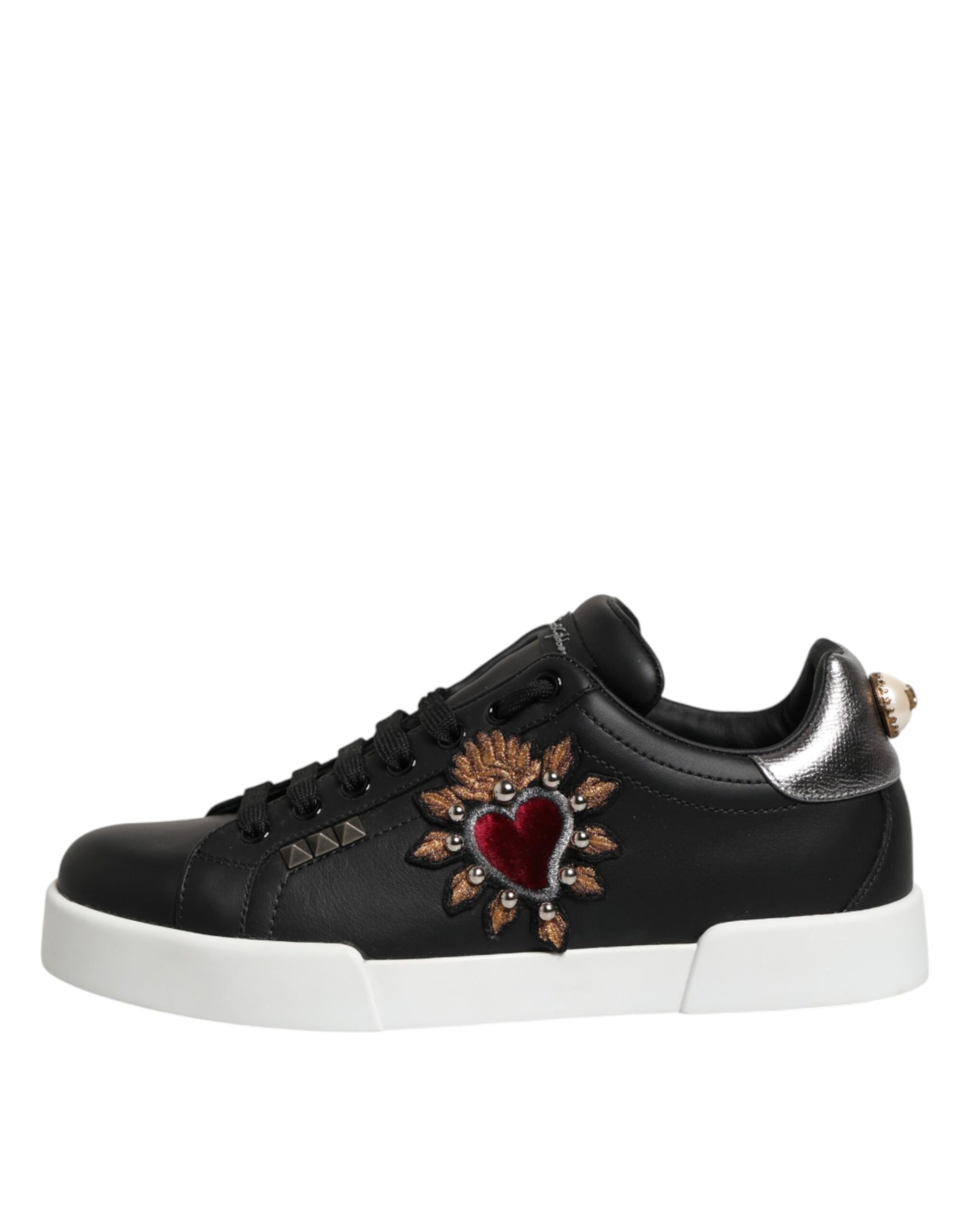 Dolce & Gabbana Black Leather Heart Embellished Sneakers Shoes